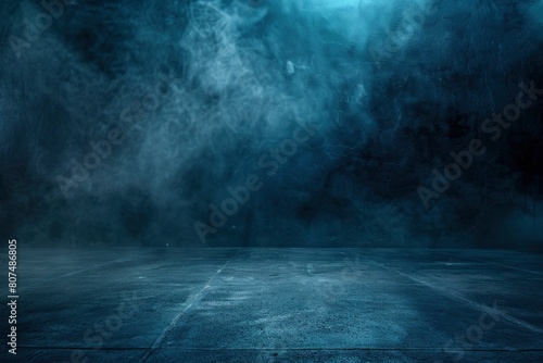 Dark street, asphalt abstract dark blue background, empty dark scene, neon light, spotlights The concrete floor and studio room with smoke float up the interior texture for - generative ai