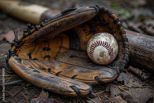 Baseball Equipment: Glove, Ball, and Bat on the Field