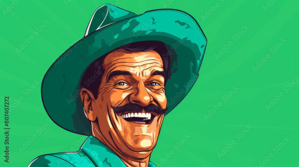 A man with a green hat and mustache is smiling A man with a green hat and mustache is smiling