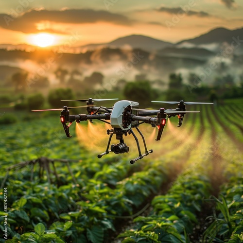 A drone sprays pesticides on a field, advanced technological innovation in agriculture. The setting features lush green fields and distant mountains under a clear sky at sunset