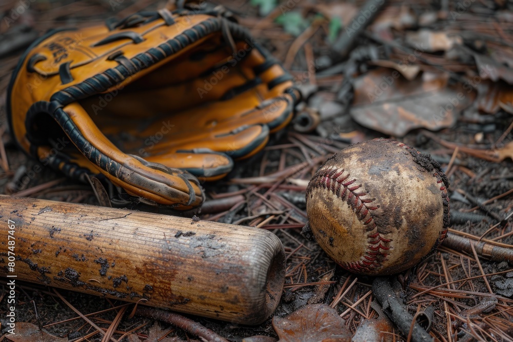 Baseball Equipment: Glove, Ball, and Bat on the Field Baseball Equipment: Glove, Ball, and Bat on the Field