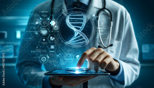 Medicine doctor touching electronic medical record on tablet. DNA. Digital healthcare and network connection on hologram modern virtual screen interface, medical technology and futuristic concept photo