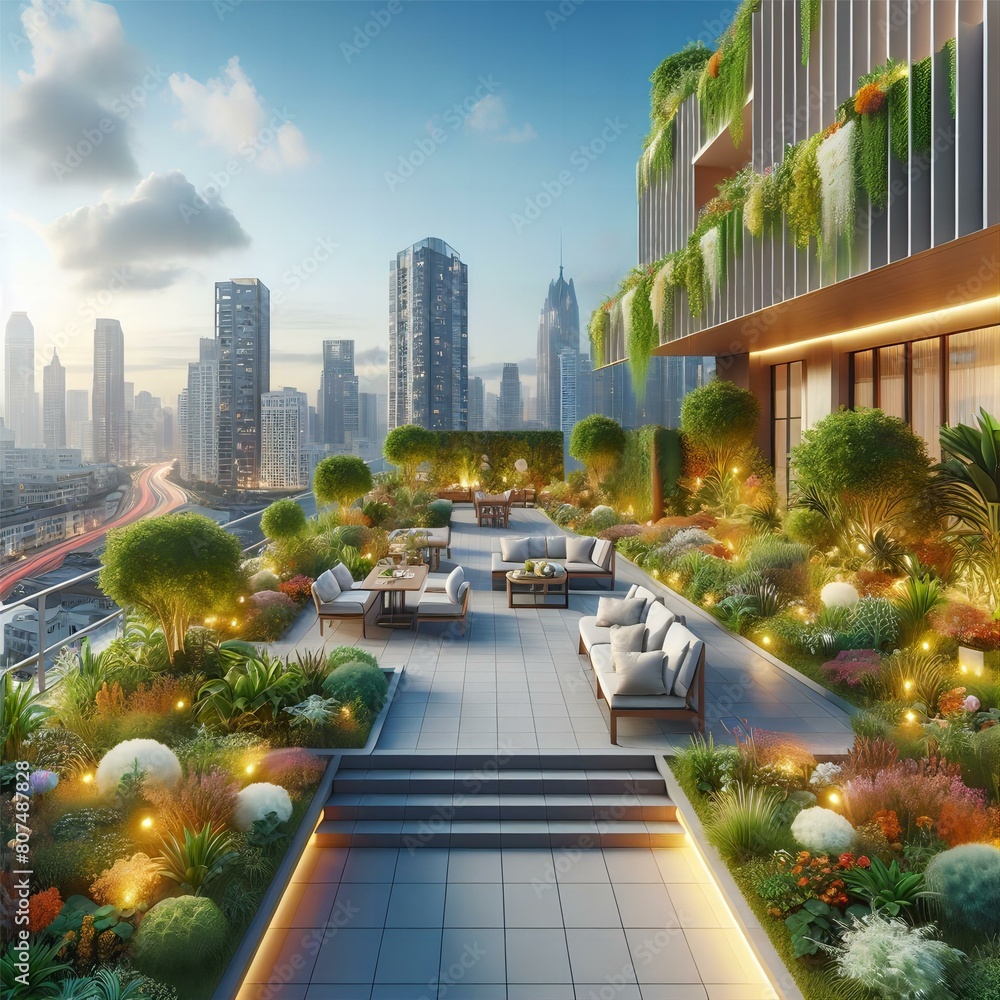 Fototapeta premium Urban Oasis: Rooftop garden with a beautiful City skyline view