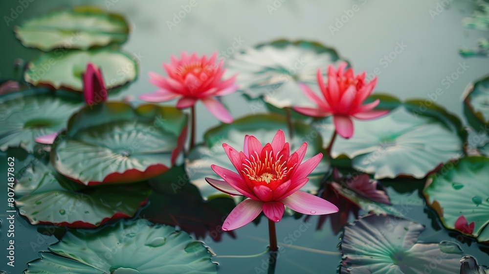 Canvas: Red Lotus Lilies Painting a Picture of Serenity on a Tranquil Pond Canvas: Red Lotus Lilies Painting a Picture of Serenity on a Tranquil Pond