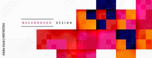 A vibrant artwork featuring rectangles in shades of magenta and electric blue on a white background. The pattern creates a sense of symmetry and adds a pop of color to the flooring