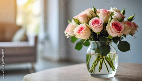 Glass vase with roses on blurred wall background, symbolizing beauty and transience in home decor photo