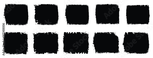 Brush stroke, ink paint brush, grunge lines. Black square shapes with ripped jagged borders on white background. Vintage grunge boxes for collage, text, banner, sticker design. 