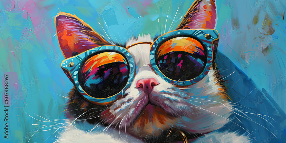 painting of cat wearing cool sunglasses, generative AI