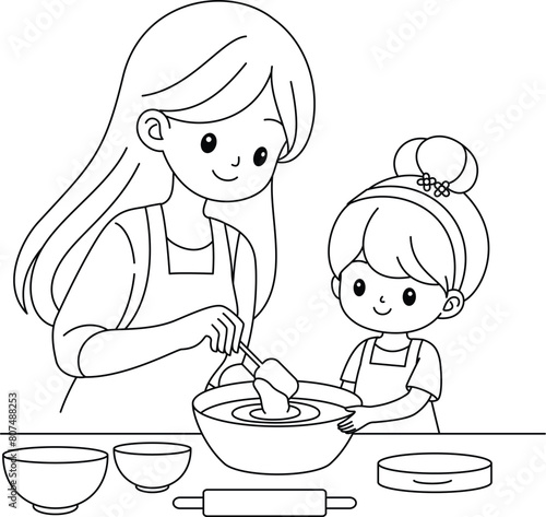 Mom and daughter are cooking together coloring page. Mother's Day hand drawn illustration colouring book for kids