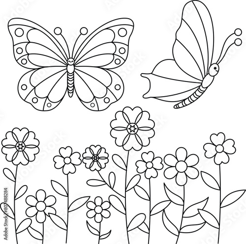 Cute kawaii butterflies cartoon character coloring page vector illustration in the flowers garden background. Insect animal colouring page for kids