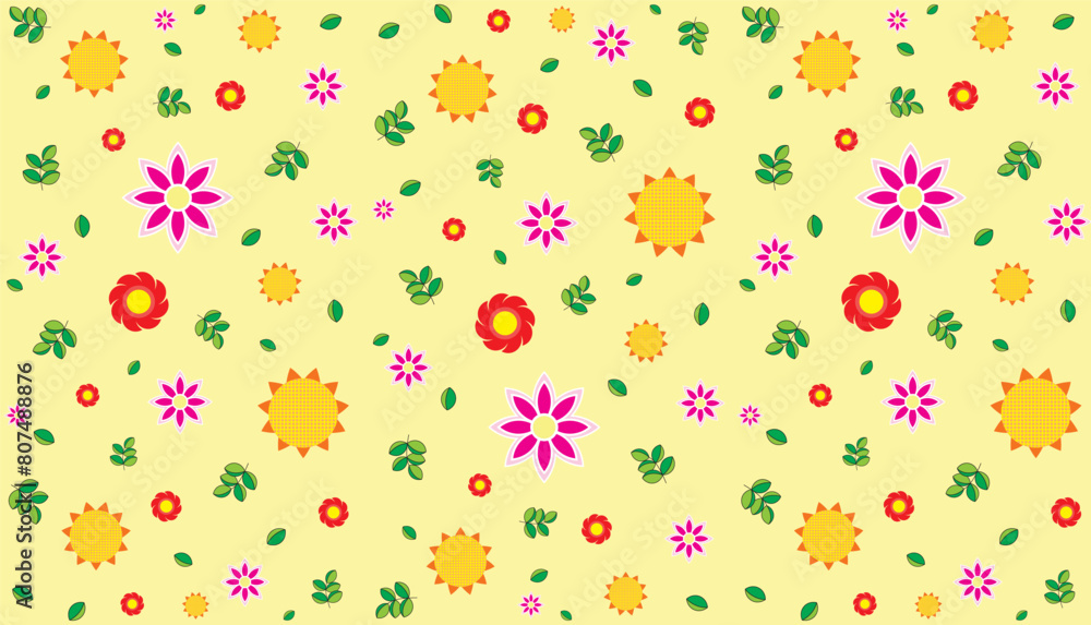 Illustration pattern, Repeating of abstract multicolor flower with leaf on soft yellow background.