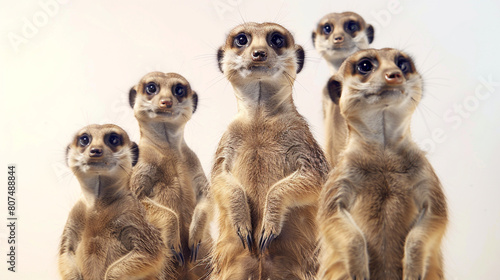 : A family of playful meerkats interacts against a white backdrop, their curious expressions captured in exquisite detai photo