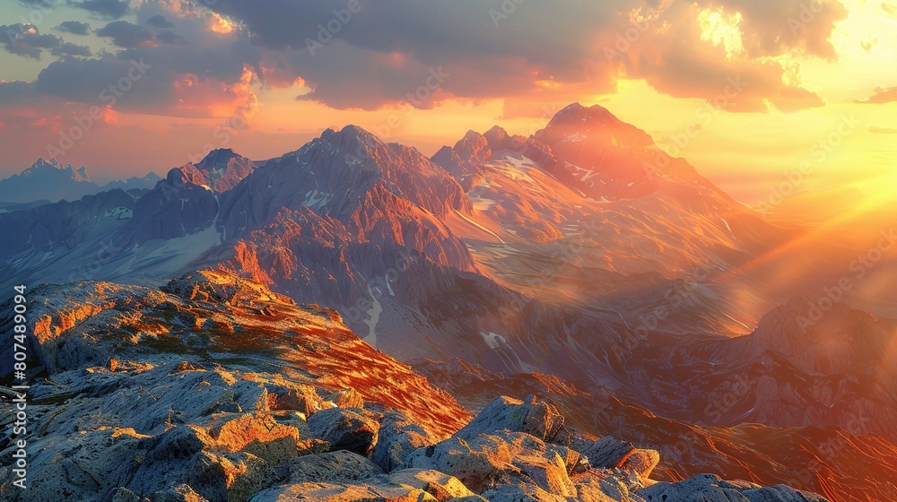 Obraz premium sunset mountainscape, with towering peaks aglow in hues of crimson and gold as the sun dips below the horizon