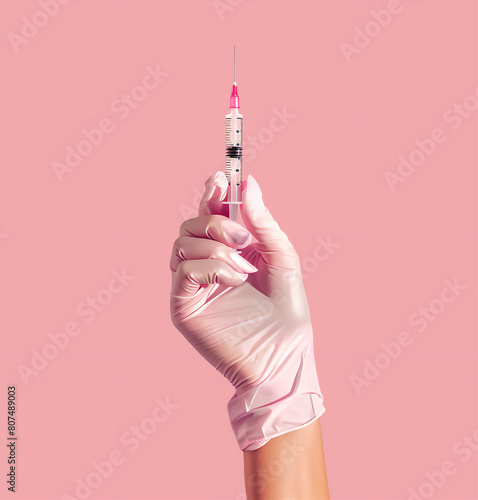 the hand is wearing a light pink glove, in this hand she holds a syringe with a needle