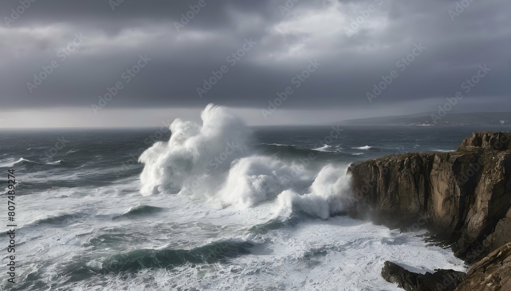 A dramatic seascape with towering waves crashing a