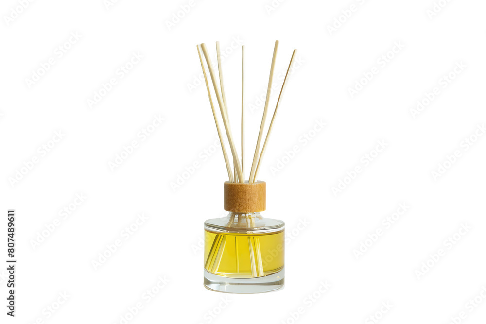 Isolated white glass bottle of perfume with flowers and gold metal accents Isolated white glass bottle of perfume with flowers and gold metal accents