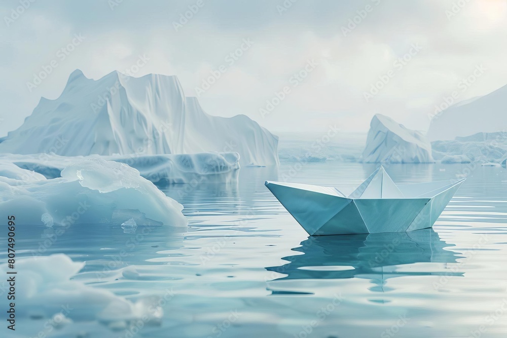 An origami boat made of ice floats among icebergs in the Arctic.