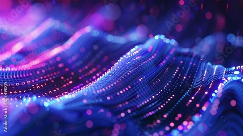 Blue and purple glowing particles form an abstract wave pattern.