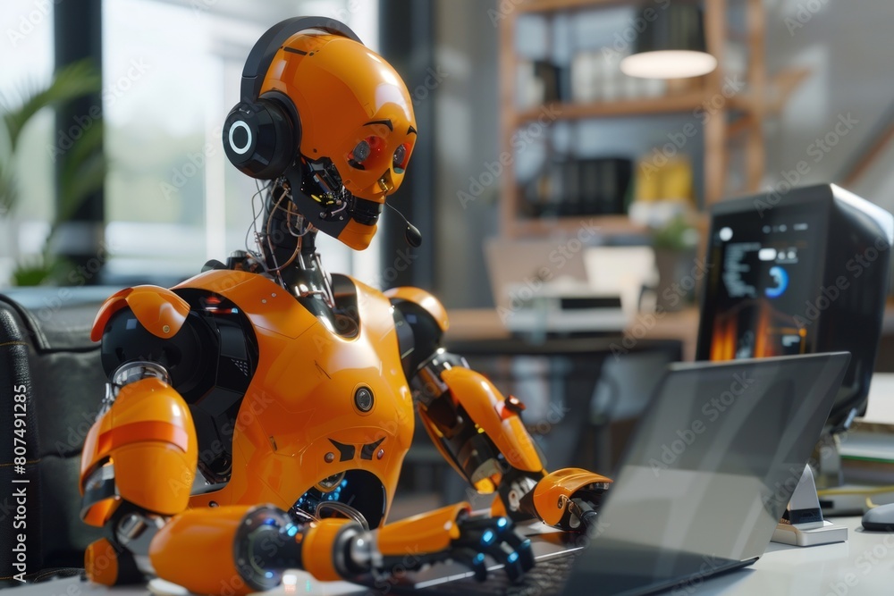 A robot with headphones is sitting at a desk and working on his laptop, wearing orange. A robot with headphones is sitting at a desk and working on his laptop, wearing orange.
