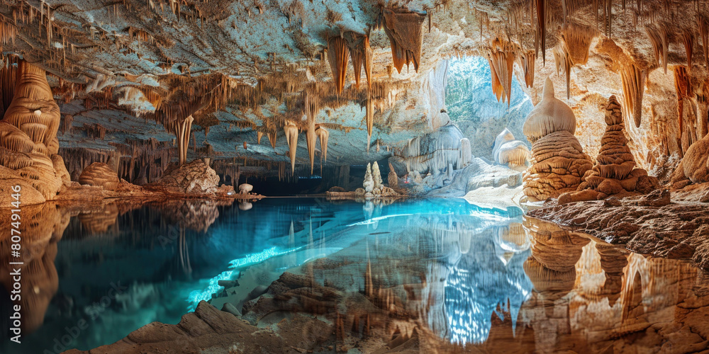 Enchanting cave interior with serene pool of water in front, creating a mesmerizing oasis in the depths
