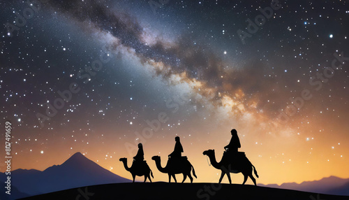 wise men on camels journeying under starry sky towards baby Jesus, depicting the biblical nativity scene