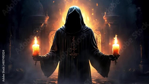 Mysterious witch with candles spooky atmosphere and dark halloween theme