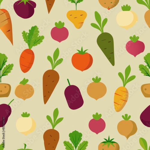 Seamless pattern of harvest vegetables like carrots, beets, and potatoes arranged in a farmer's market display, Generative AI