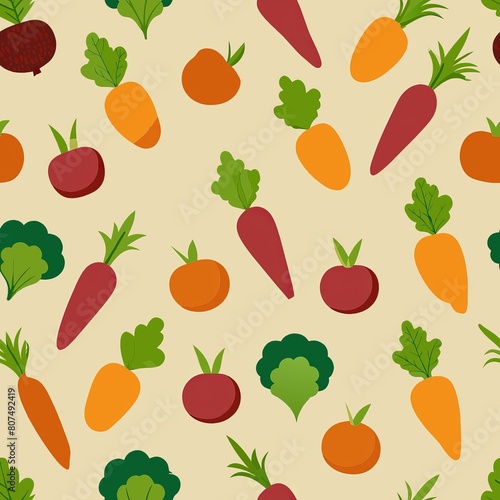 Seamless pattern of harvest vegetables like carrots, beets, and potatoes arranged in a farmer's market display, Generative AI