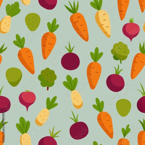 Seamless pattern of harvest vegetables like carrots, beets, and potatoes arranged in a farmer's market display, Generative AI