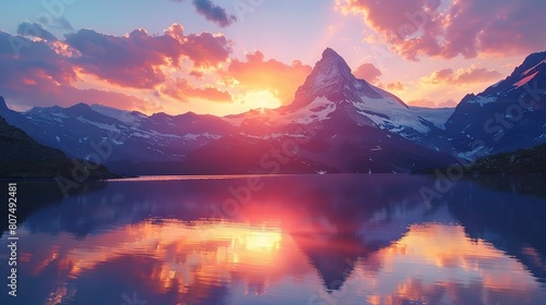 sunset mountainscape, with rugged peaks towering above a tranquil alpine lake