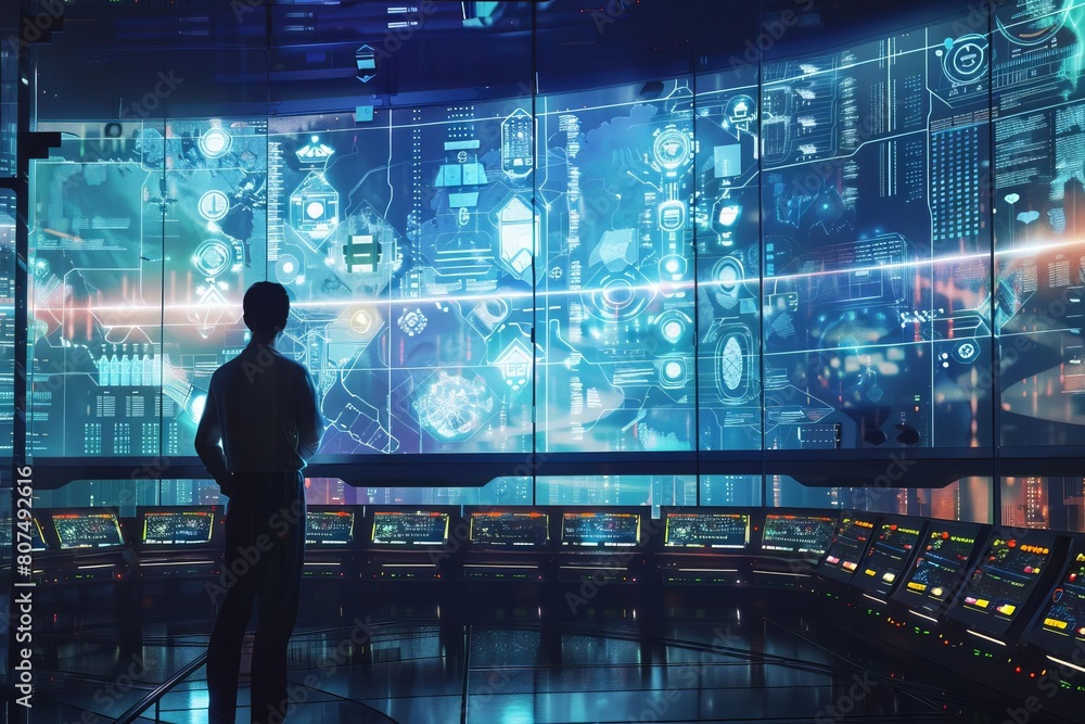 The image shows a person standing in a dark room looking at a large screen with a lot of data on it. The image shows a person standing in a dark room looking at a large screen with a lot of data on it.