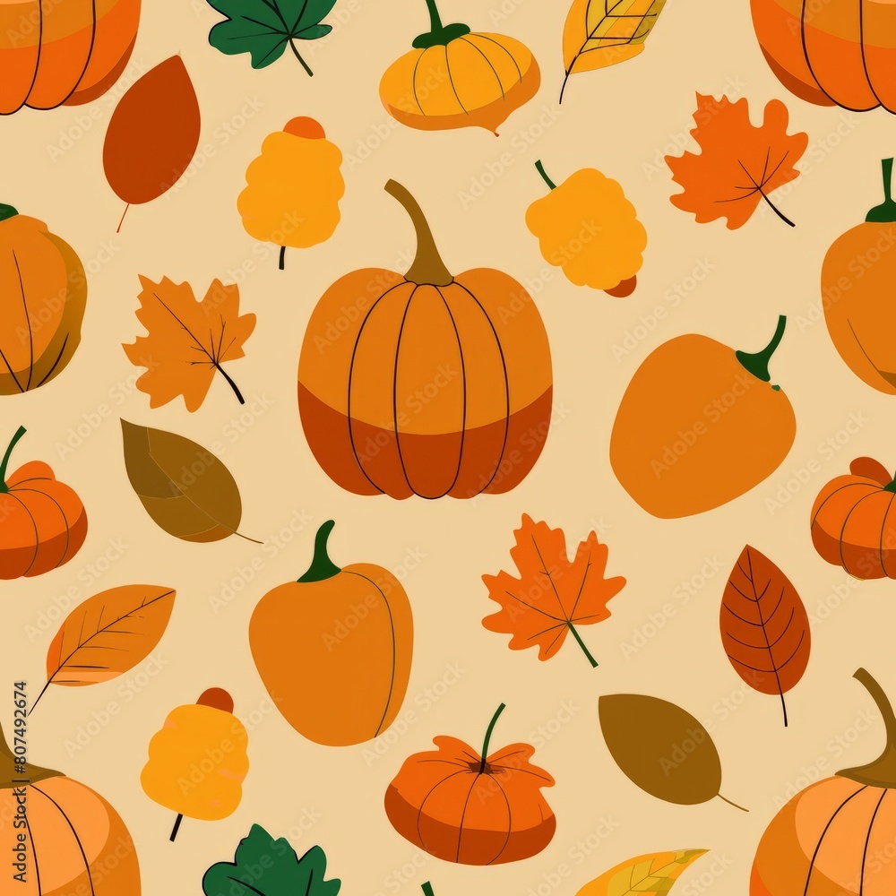 Seamless pattern of rustic pumpkins and gourds nestled among autumn foliage and acorns, Generative AI Seamless pattern of rustic pumpkins and gourds nestled among autumn foliage and acorns, Generative AI