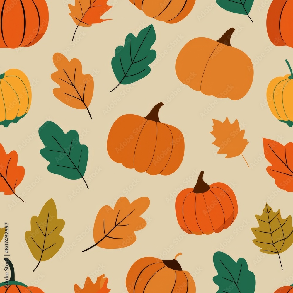 Seamless pattern of rustic pumpkins and gourds nestled among autumn foliage and acorns, Generative AI Seamless pattern of rustic pumpkins and gourds nestled among autumn foliage and acorns, Generative AI