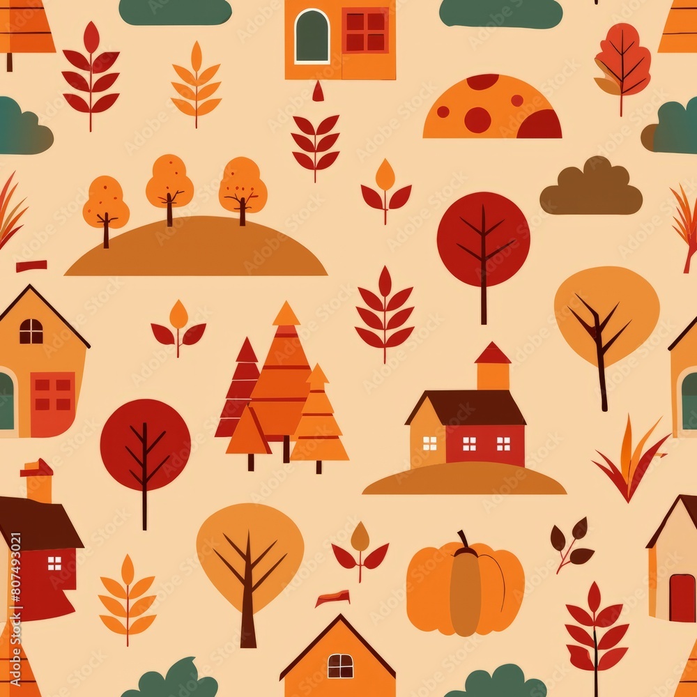Fototapeta premium Seamless pattern of vintage autumn postcards featuring scenes of harvest festivals and rural landscapes, Generative AI