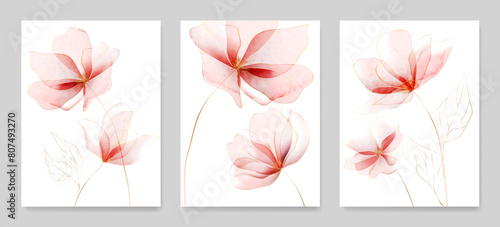 Floral art background with pink flowers in transparent watercolor style with golden line elements. Botanical poster set for design print, textile, wallpaper, interior design, wallpaper, invitations © VectorART