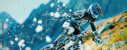 A cybernetic visualization of a mountain biker enhanced with digital overlays, emphasizing the biomechanics of extreme sports. photo