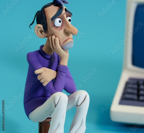 Businessman overworked next to computer. Claymation mental health illustration. 