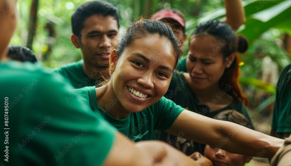 Diverse team bonding during outdoor group activity.