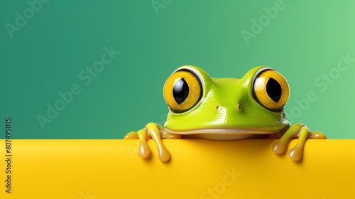 A playful frog with big eyes curiously peeks over a bright colored edge, Ai Generated