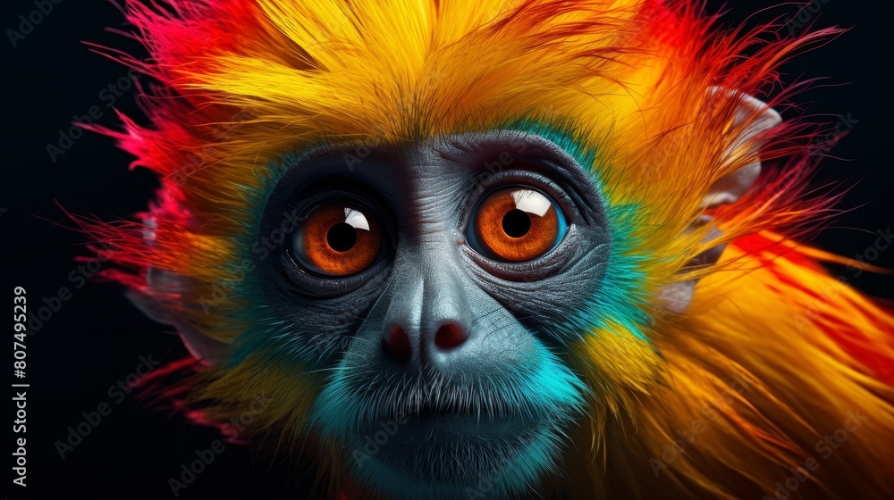 A playful monkey with big eyes curiously peeks over a bright colored edge, Ai Generated A playful monkey with big eyes curiously peeks over a bright colored edge, Ai Generated