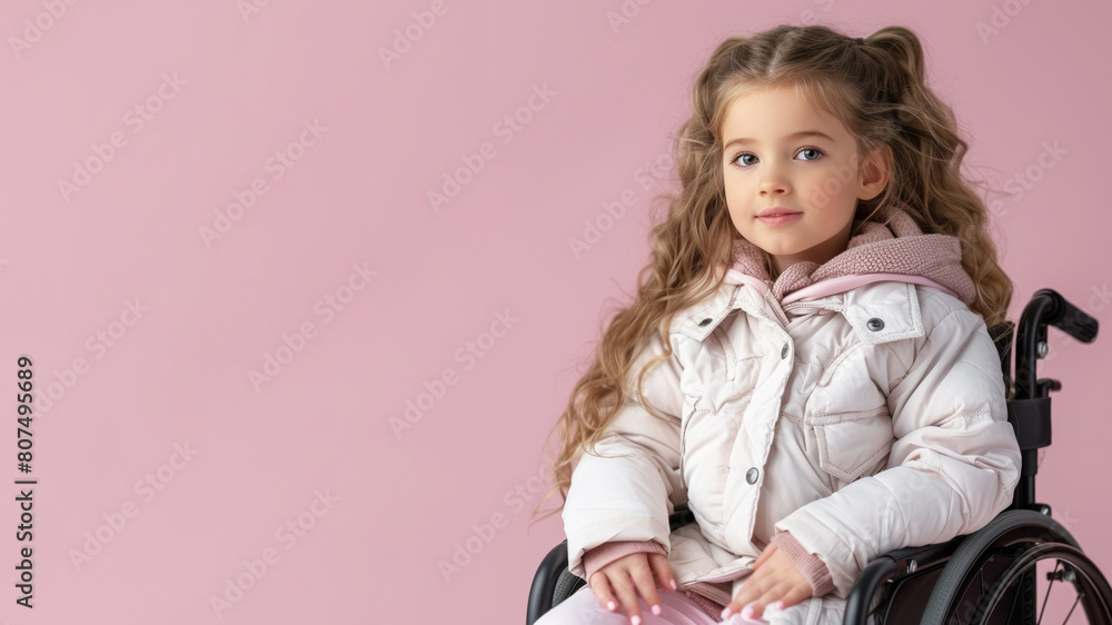 French disabled girl sitting in wheelchair isolated on pastel background French disabled girl sitting in wheelchair isolated on pastel background