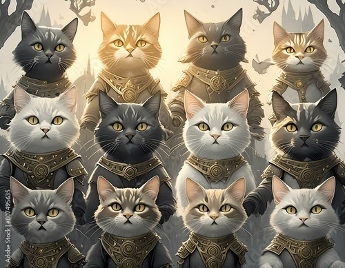 中世期の時代に戦闘の前に集まる猫の騎士たち 