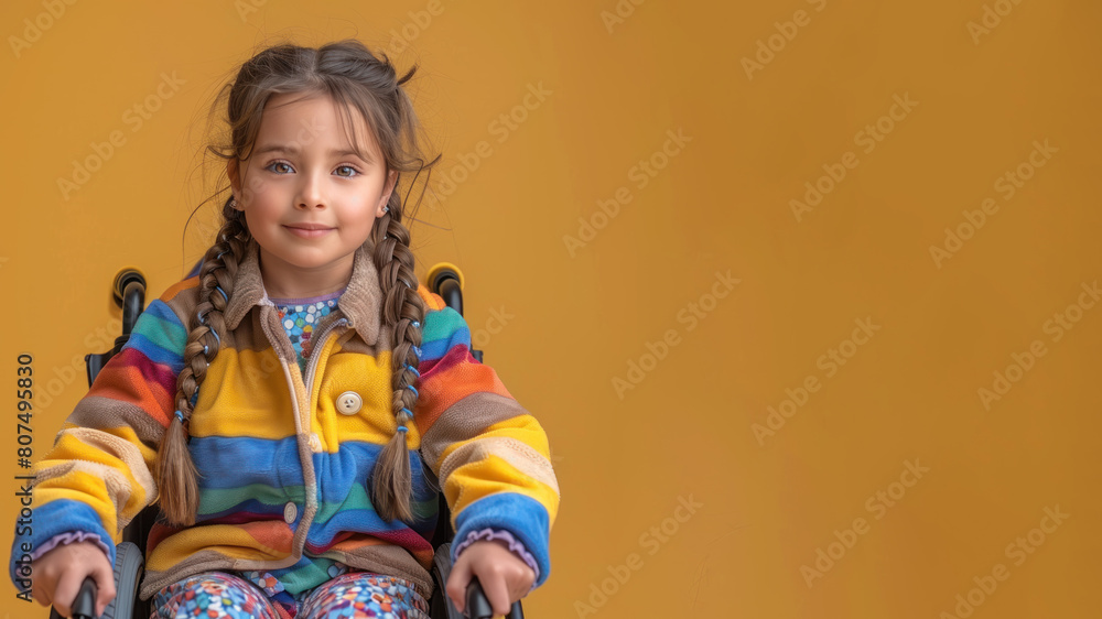Indian disabled girl sitting in wheelchair isolated on pastel background Indian disabled girl sitting in wheelchair isolated on pastel background