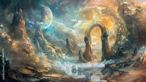A fantasy landscape featuring a set of grand gates that lead to an otherworldly realm, Ai Generated