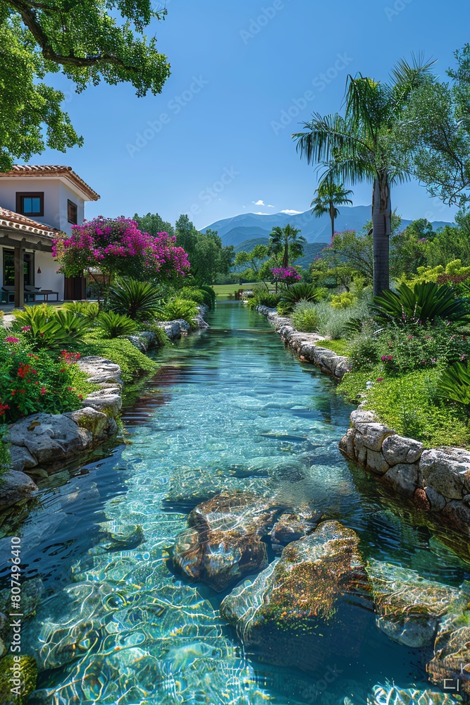 Capture the essence of Utopian Wellness Retreat in a panoramic landscape photo Show lush, vibrant gardens blooming with vitality under a serene, crystal-clear sky