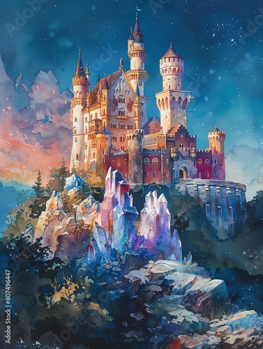 Capture the majestic grandeur of a mythical castle rising above towering crystal trees  rendered in vivid watercolor hues  showcasing a worms-eye view perspective
