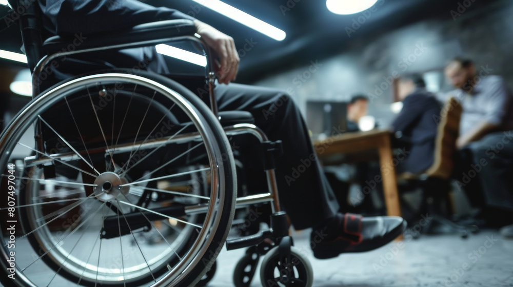 Obraz premium A businessman in a wheelchair is meeting with the team in the office