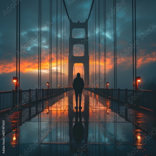 A man appears in silhouette standing tall in the middle of a suspension bridge, a man of individualism, introversion and looking for peace in the afternoon photo