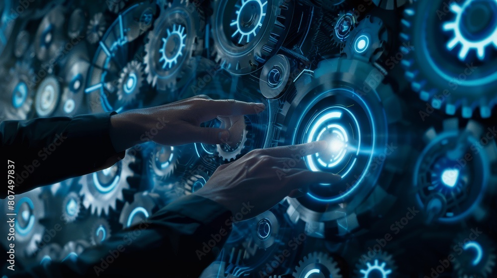 A businessman touching a digital technology interface with cogwheels and gears, Ai Generated A businessman touching a digital technology interface with cogwheels and gears, Ai Generated