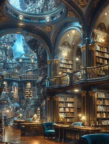 Illuminate a grandiose library scene set on a distant planet